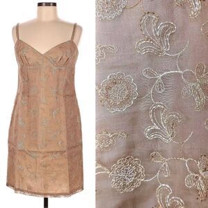 Vintage 90s Shelli Segal Silk Dress Mini Cream Floral Brocade Fairy Regency M